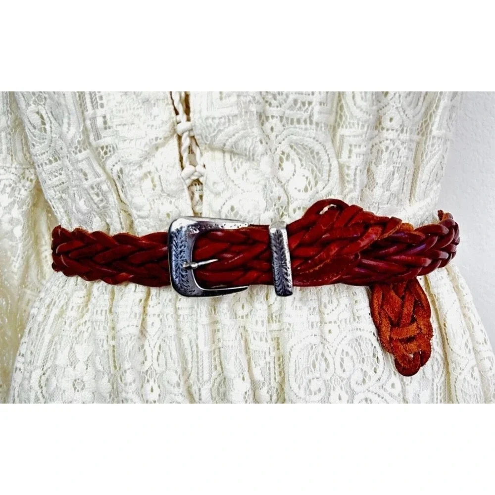 VTG Woven Brown Leather Belt M Argentina Westcore Cowgirl Bohemian Etch Silver